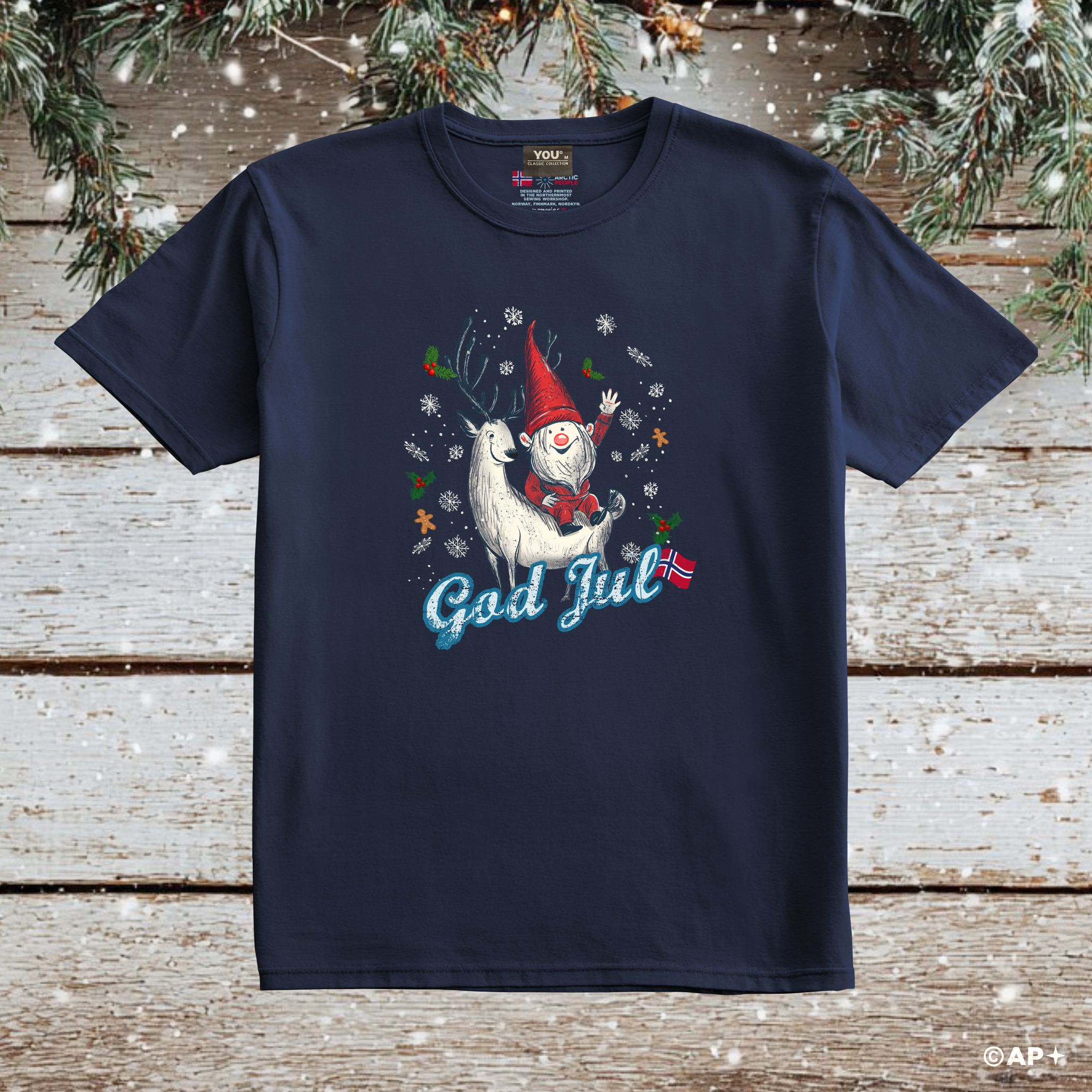 T-skjorte «God Jul» julenisse og reinsdyr