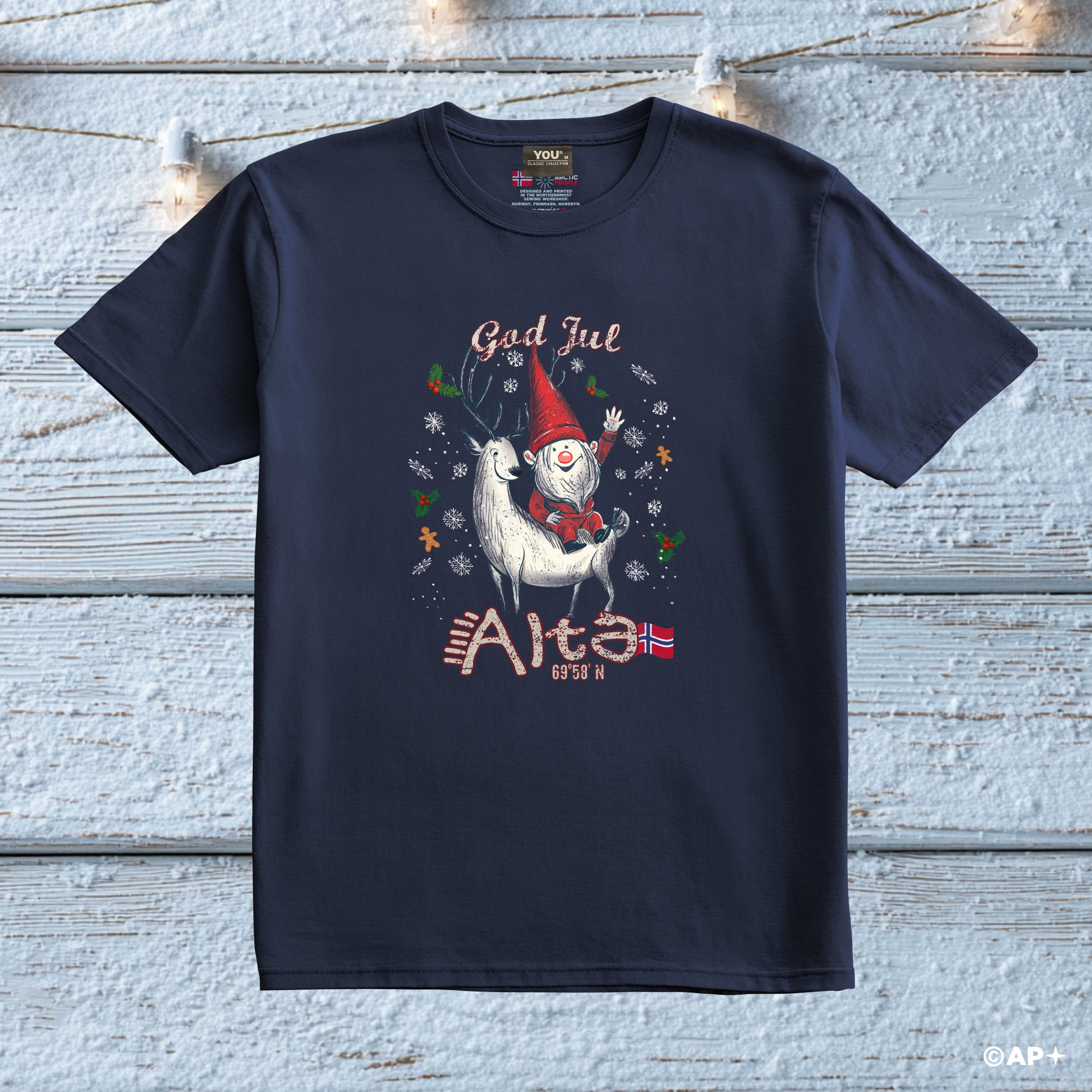 Alta T-skjorte julenisse på reinsdyr