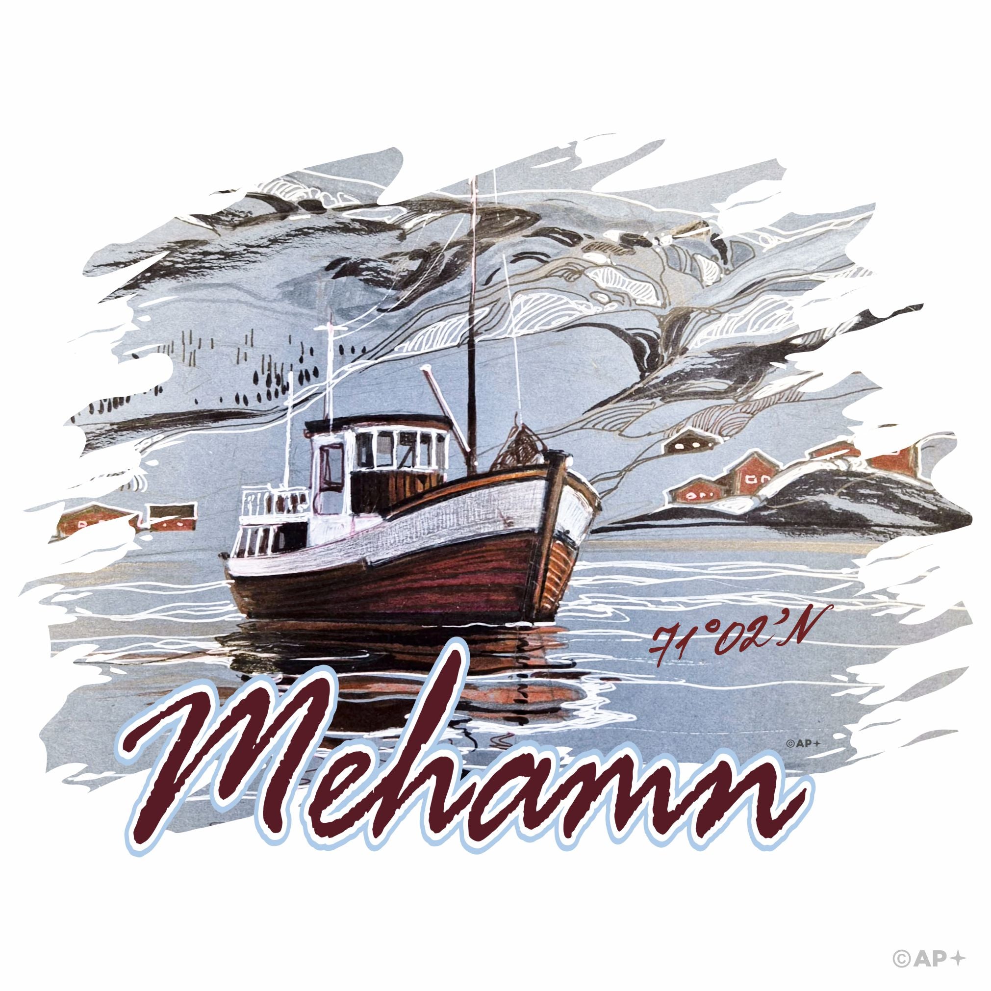 Mehamn 71°02'N – Arktisk fiskerbåt i akvarell