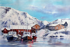 Sjarker i havna i Skjånes ved Tanafjorden i Finnmark – akvarell fra Nord-Norge