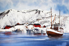 Gammel sjark på vei ut til skreifiske ved Skjånes i Tanafjorden i Finnmark – akvarell fra Nord-Norge