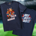Marineblå Heia Norge og Ro! Ro!! Ro!!! supporter-T-skjorte med trykk på bryst og rygg