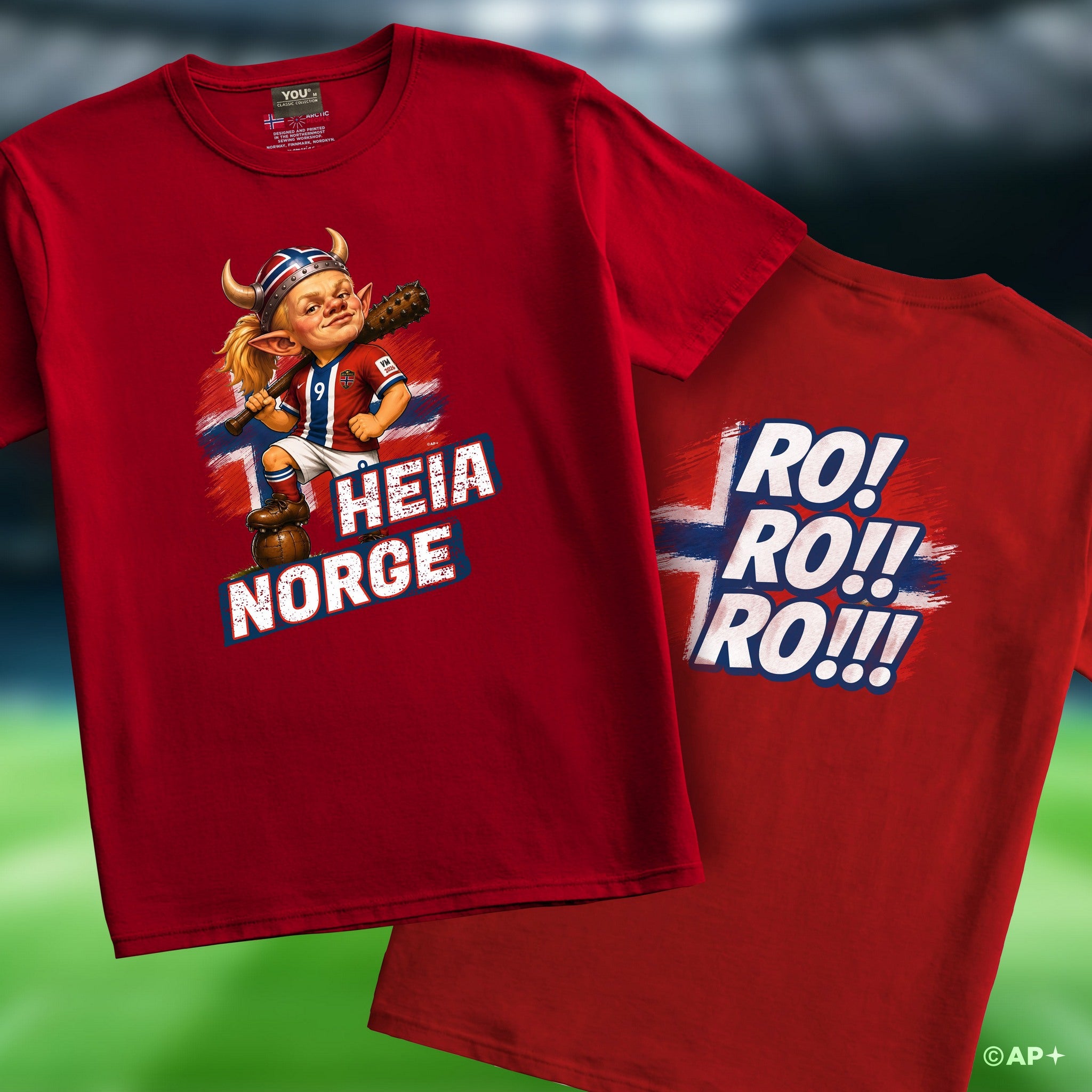 Heia Norge og Ro! Ro!! Ro!!! supporter-T-skjorte med trykk på bryst og rygg