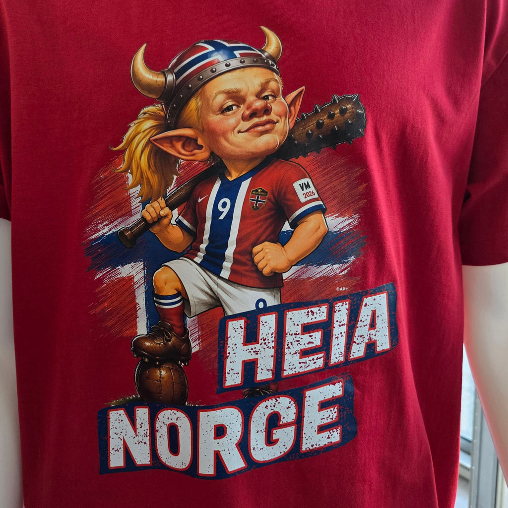 Close-up of the Heia Norge football print on red T-shirt