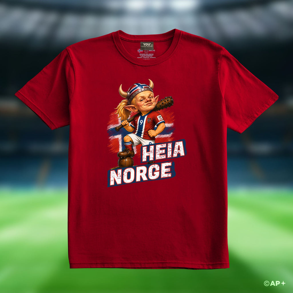 Red Heia Norge supporter T-shirt with football design