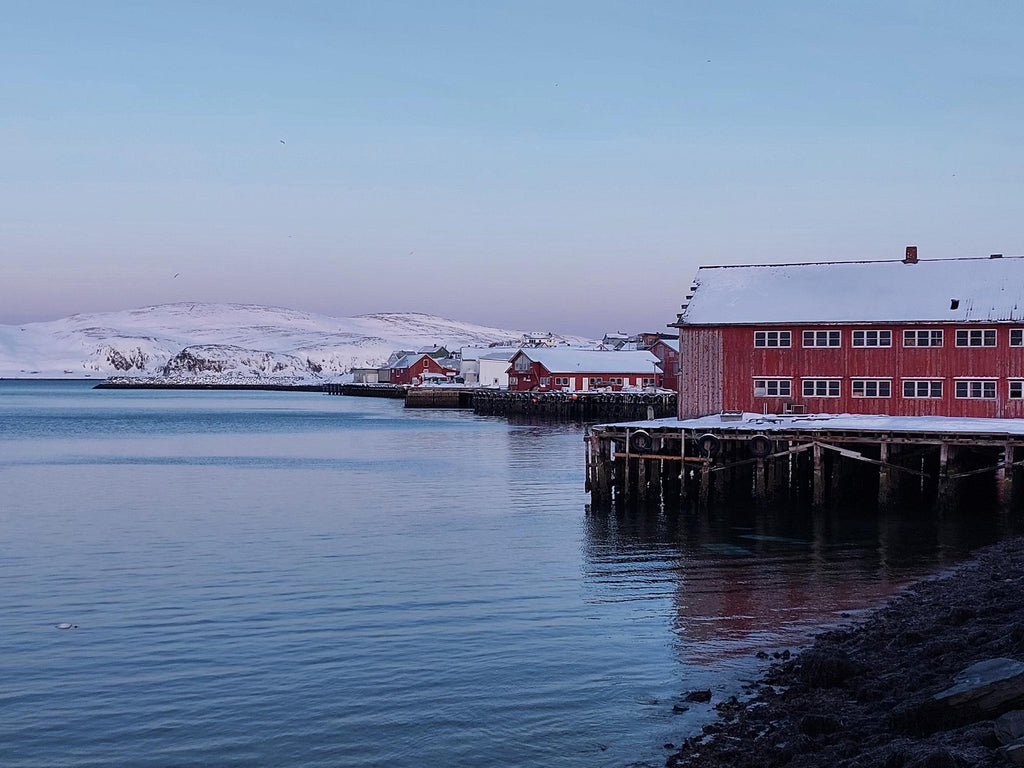 Mehamn havn i Finnmark med røde bygg på kaia, rolig vann og mykt lys i vinterkveld