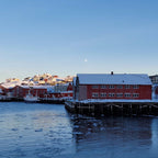 Mehamn havn i Finnmark med røde bygg, snø og is på vannet i rolig vinterlys