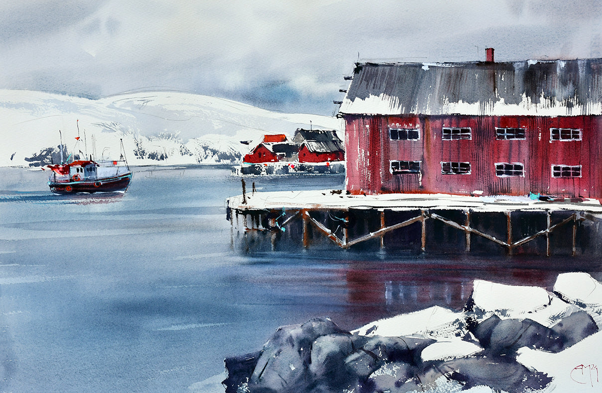 Akvarell av Mehamns havn om vinteren med fiskebåt og røde naust i Finnmark