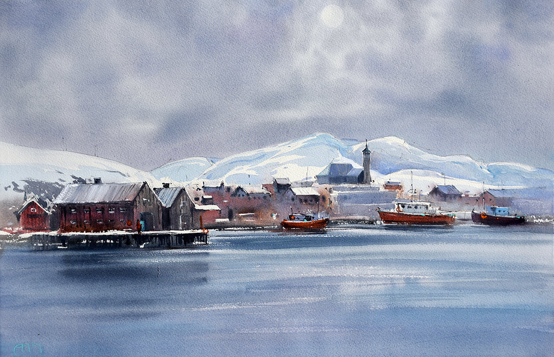 Mehamn fiskevær i vinterlys med båter i havnen – akvarell fra Finnmark av Anja Talvi