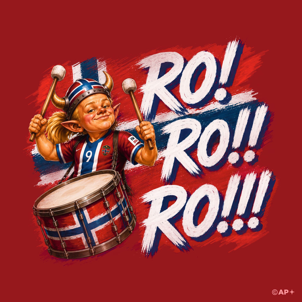 Ro! Ro!! Ro!!! supporterdesign med trommeslager og norske farger