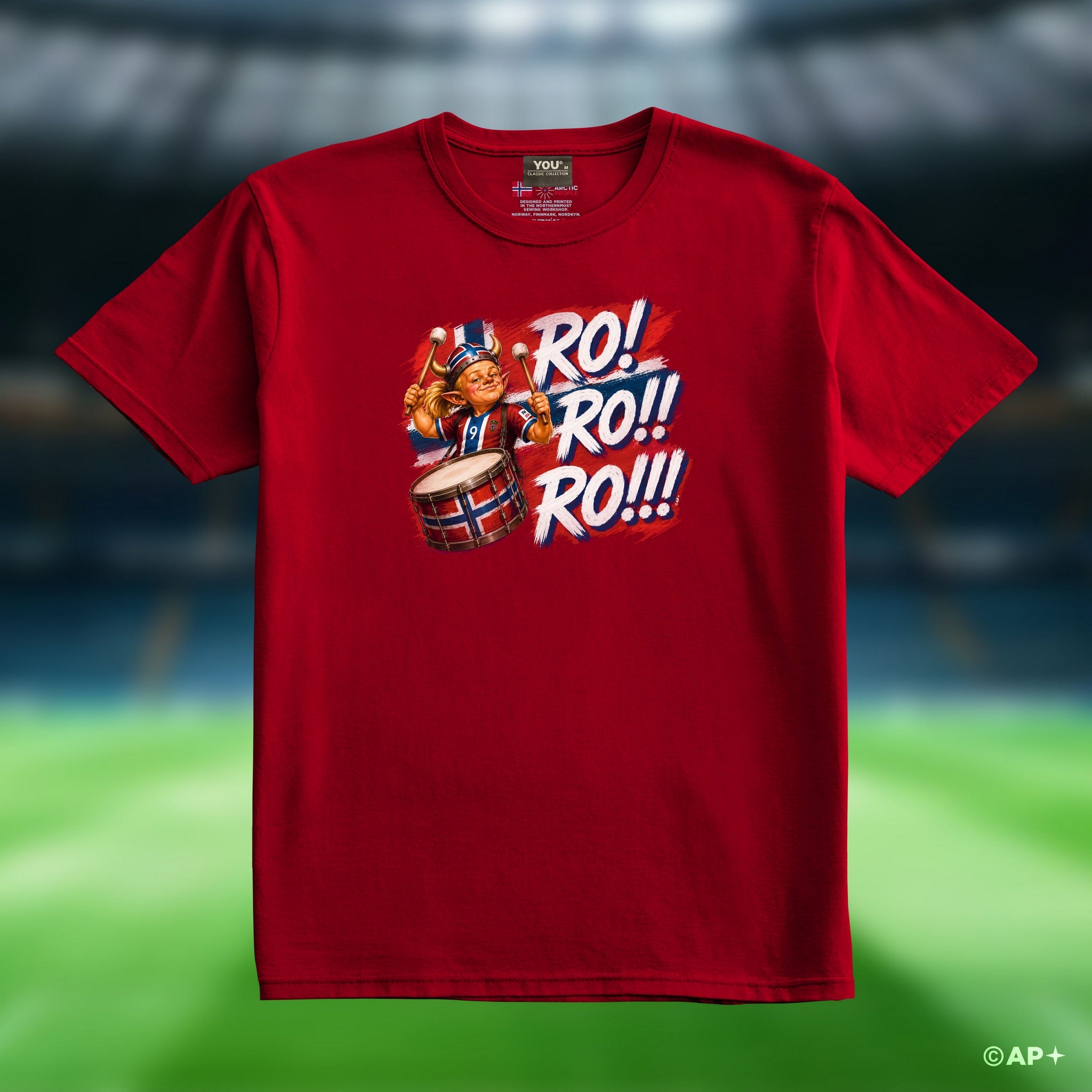 Rød Ro! Ro!! Ro!!! supporter-T-skjorte med trommedesign