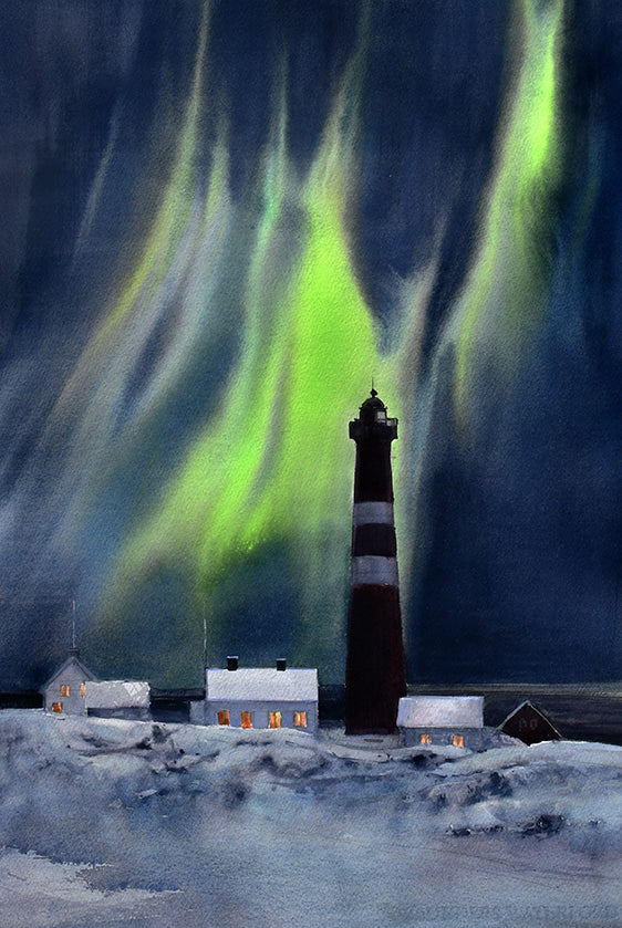 Slettnes fyr under nordlys i vinterlandskap i Finnmark – akvarell av Anja Talvi