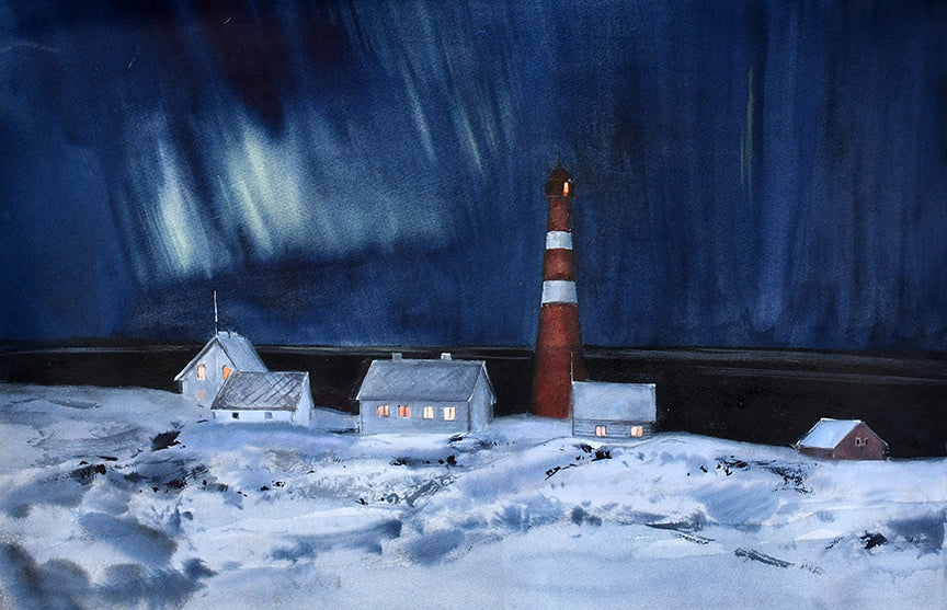 Akvarell av Slettnes fyr om natten med nordlys over vinterlandskap i Finnmark