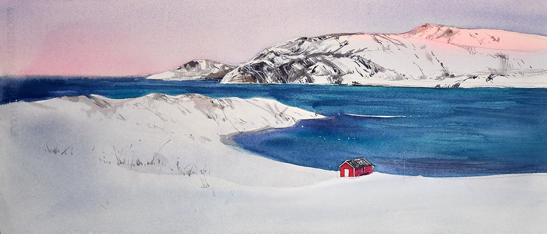 Akvarell av vinterlandskap ved Nordmannset nær Mehamn med rødt hus ved fjorden og snødekte fjell i Finnmark