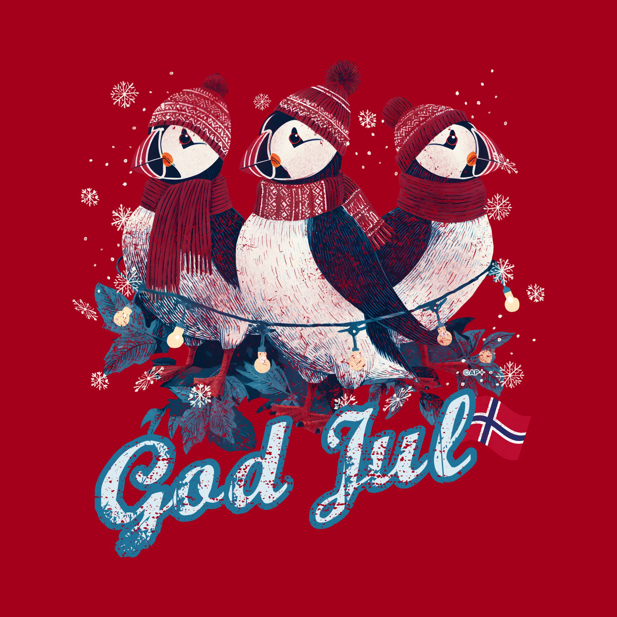 T-skjorte God Jul med lundefugler