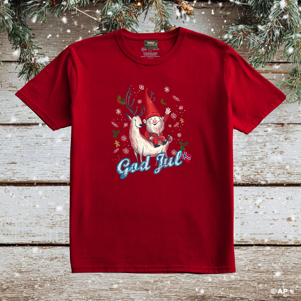 T-skjorte «God Jul» julenisse og reinsdyr
