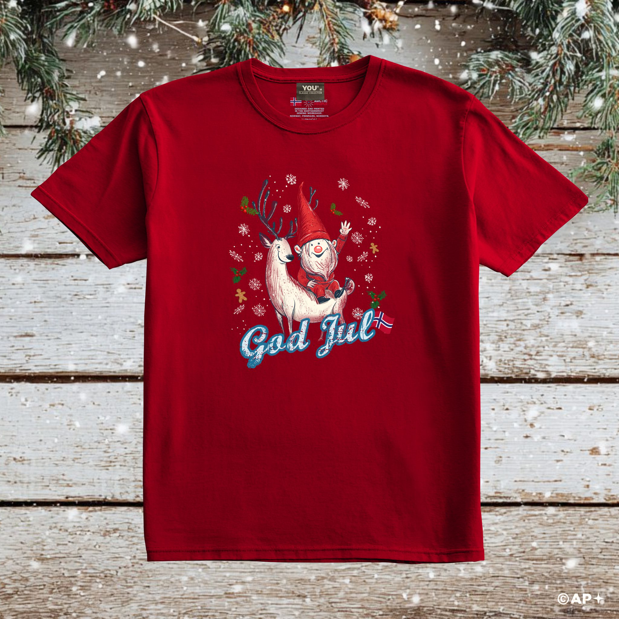 T-skjorte «God Jul» julenisse og reinsdyr