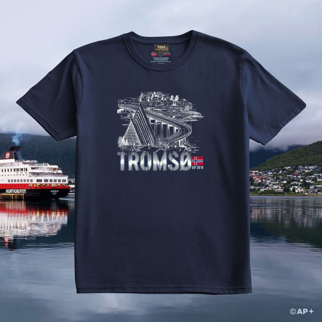 T-skjorte med motiv av Ishavskatedralen og Tromsøbrua i Tromsø, Nord-Norge